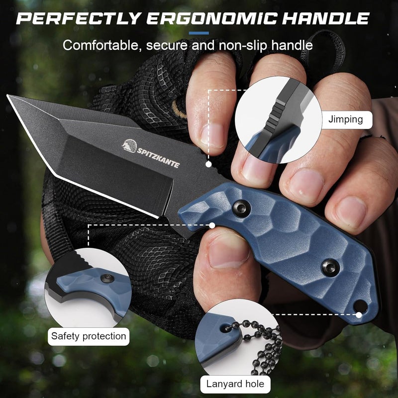SPITZKANTE 3.07" Small Neck Knife X-TAN-K, Horizontal Carry Knife with Sheath and Necklace, Full Tang Tanto 5Cr14MoV Steel Blade, Blue ABS Handle - Image 3